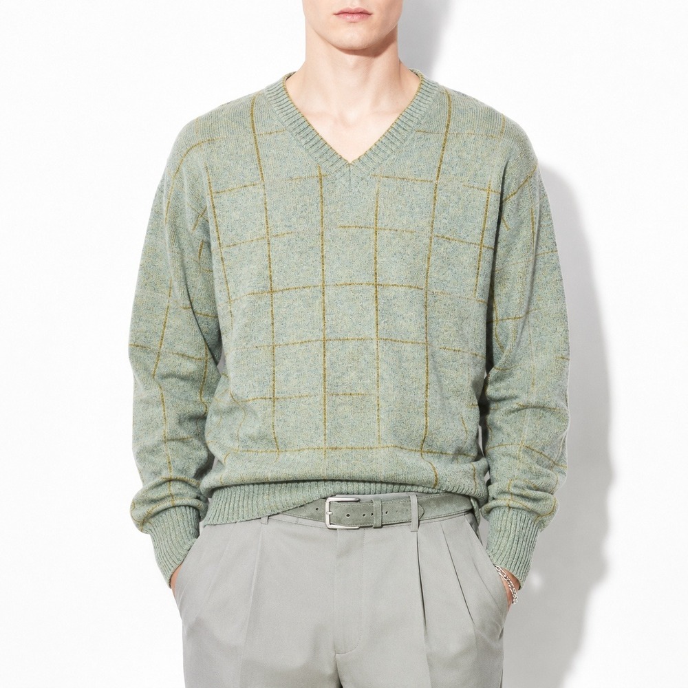 90s Vintage Windowpane Plaid Wool Sweater Mens L Sage Green V-Neck Orvis Relaxed